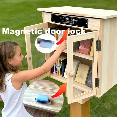 Outdoor Little Library Box With Stand And Nameplate, Weather Resistant Natural Wood Finish, Clear Doors To Keep Books Dry, young girl reaching inside