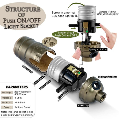 Heavy Duty Push On Off Light Socket With Medium Screw Base For Floor And Table Lamps Delivering No Sweat Operation And Rugged Antique Brass Housing UL Listed Twin Pack structure showing components.