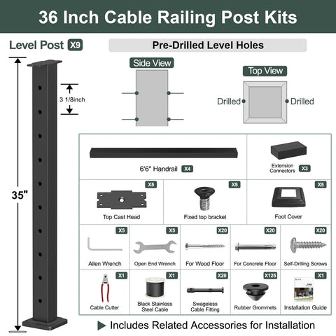 36 Inch Cable Railing Post Kits featuring level posts, handrails, and installation accessories for outdoor use.