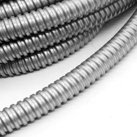 Close-up of Half Inch Flexible Electrical Conduit Fifty Foot Galvanized Iron For Home And Industrial Wiring Protects Wires From Impact