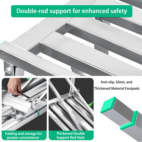 Heavy Duty Folding Scaffold Tower With Adjustable Height And Non Slip Deck Built Like A Tank showing double-rod support and anti-slip footpads.