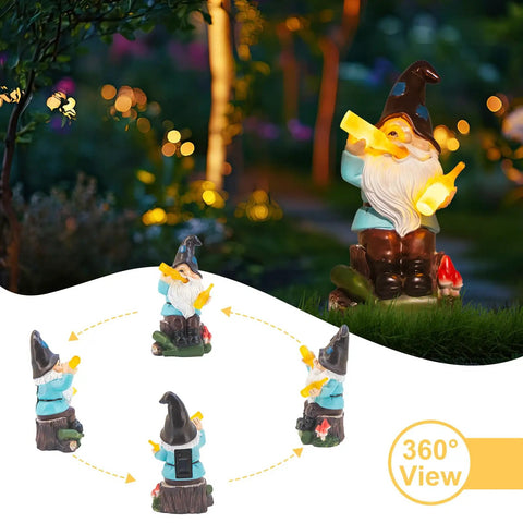 Charming Gnome Garden Decor Statue With Solar Light Lantern for outdoor yard with 360 view showing weatherproof resin figurine