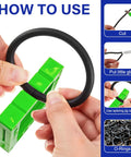 Hands demonstrating All In One O Ring Splicing Kit With 70A Nitrile Black O Rings, cutting and gluing process with green tool.