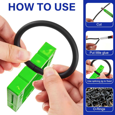 Hands demonstrating All In One O Ring Splicing Kit With 70A Nitrile Black O Rings, cutting and gluing process with green tool.