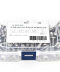 Top Shelf 100 Pcs 1/4-20 Unc Cross Recess Pan Head Machine Screw Bulk Kit In Durable 304 Stainless Steel Assorted Lengths 1/2 To 1 Inch in a clear container.