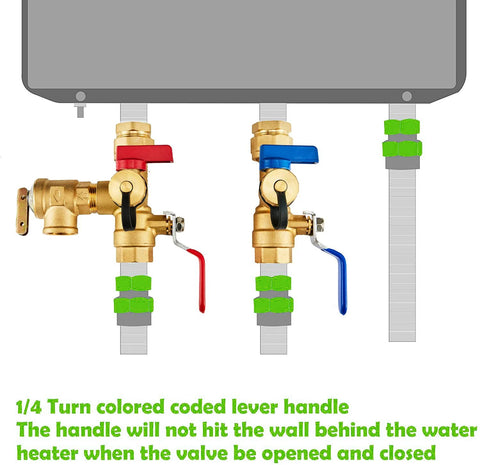 3/4-inch IPS tankless water heater service valve kit with two brass isolation valves and red/blue handles