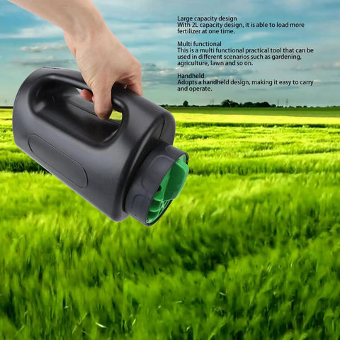 Portable 2L Handheld Spreader for Lawn Care with Adjustable Opening Sizes, Lightweight ABS Tool, displayed in hand over grass