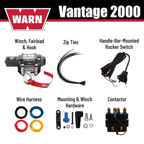 Vantage 2000 12V DC Electric Winch for ATVs and UTVs with 2000 Lb Pull accessories including wire harness and zip ties