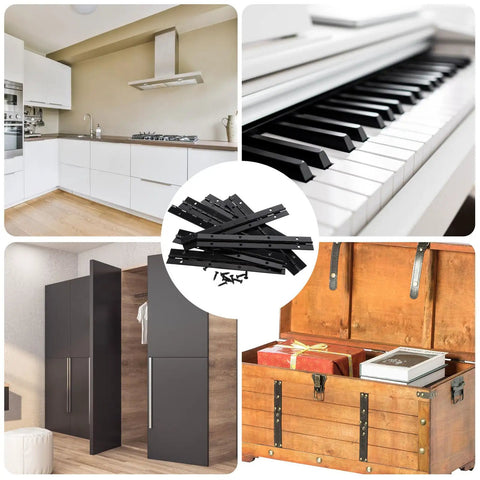 Image showing Sixteen Piece 8 Inch Piano Hinges Straight Up Heavy Duty Continuous Hardware In Rust Resistant Iron With Hella Durable Matte Black Coating For Cabinets And Doors.