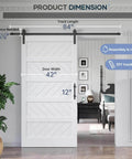 White Five Panel Barn Door With 7 Foot Track Kit Included 42 By 84 Inch Solid MDF Wood Slab Covered With Waterproof Scratch Resistant PVC Surface DIY Assembly And Easy Install shown installed in a room