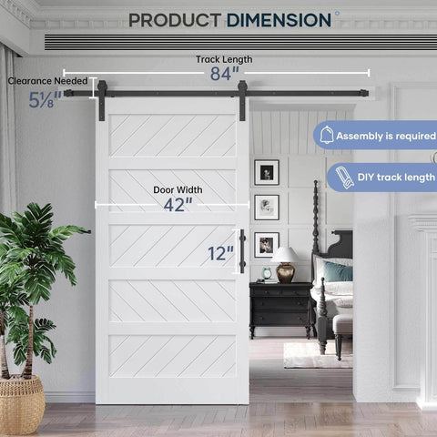 White Five Panel Barn Door With 7 Foot Track Kit Included 42 By 84 Inch Solid MDF Wood Slab Covered With Waterproof Scratch Resistant PVC Surface DIY Assembly And Easy Install shown installed in a room