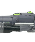 Side view of 36mm To 27mm Dust Hose Reducer Adapter For Power Sanders And Tools Including DF 500 XL 700 Rotex ETS RTS DTS Sanders Made In USA Heavy Duty High Density Heat Resistant Polymer For Cleaner Dust Collection And Better Workflow connected to a power tool.
