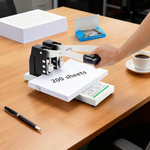 Heavy Duty Two Hole Punch Boasting A Sure Grip And Rugged Steel Body That Blows Through Two Hundred Sheets With No Sweat For Fast Office Jobs School Essays And Snappy Binder Prep In Clean White on wooden table.