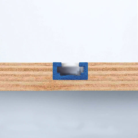 Cross-section view of Aluminum 24 Inch T Track With Wood Screws Double Cut Profile Universal With Predrilled Mounting Holes Frosted Surface Anodized Blue 2 Pack For Woodworking And Clamps High Strength 6063 Alloy Durable Track Bar Set, installed in wood.