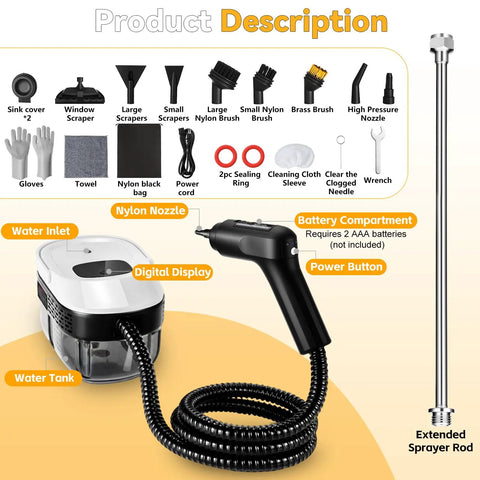 2500W Portable Handheld Steam Cleaner Delivers Powerful 160C Hot Steam In Just 15 Seconds accessories including nozzle, digital display, and battery compartment.