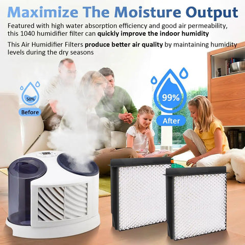 Humidifier with 1040 Replacement Wick For AirCare Essick Air B40 and filters increasing moisture output, family in background
