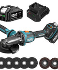 Heavy Duty Brushless Flathead Angle Grinder Kit With 21V Lithium Ion Muscle And Dual 5 Ah Packs includes grinder, battery and charging dock.