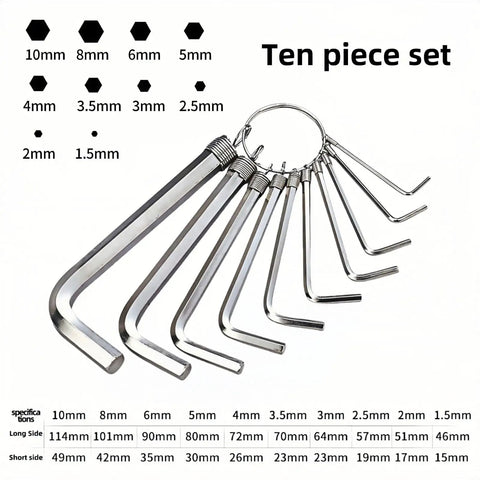 10 Piece Metric Hex Key Set With Rust Resistant CrV Steel And Handy Keyring Design, hex keys displayed in ascending size order