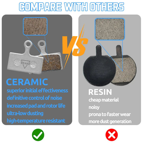 Comparison between Ceramic Bike Brake Pads Set and resin brake pads, highlighting effectiveness, noise control, and durability features.