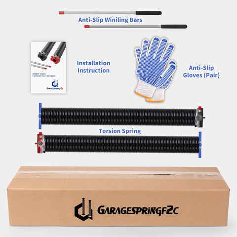 Heavy-Duty Garage Door Torsion Springs Set 225-2-25 with winding bars, gloves, and box for DIY installation.