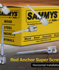 Sidewinder Screw Anchor For Wood Mounting, Horizontal Install, Zinc Plated Steel, Three Eighths Inch Screw Size, Quarter Inch By Three Inch Screw Length, Rod Hanger Kit, 25 Pack, No Pre Drill Required, Easy To Install product image showing box and screws.