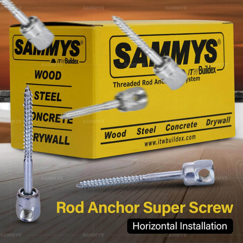 Sidewinder Screw Anchor For Wood Mounting, Horizontal Install, Zinc Plated Steel, Three Eighths Inch Screw Size, Quarter Inch By Three Inch Screw Length, Rod Hanger Kit, 25 Pack, No Pre Drill Required, Easy To Install product image showing box and screws.