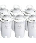 Front view: Six Brita standard pitcher filter cartridges, white plastic with BRITA logo.