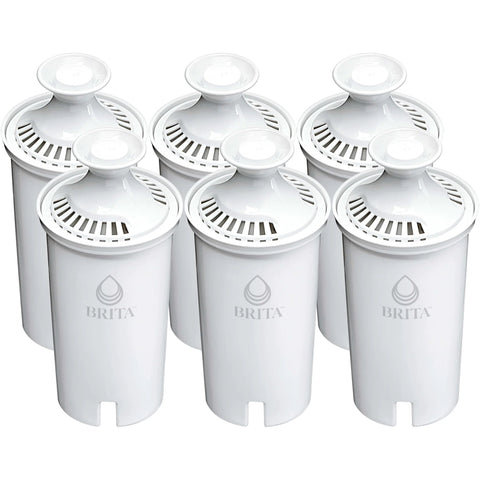 Front view: Six Brita standard pitcher filter cartridges, white plastic with BRITA logo.