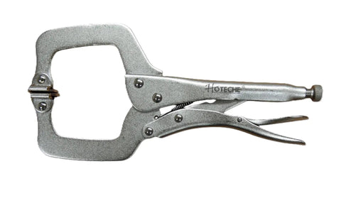 No Sweat Grip Locking C Clamp Pliers Set Of Four 11 Inch Swivel Jaw Welding Clamps with quick release trigger, steel construction.