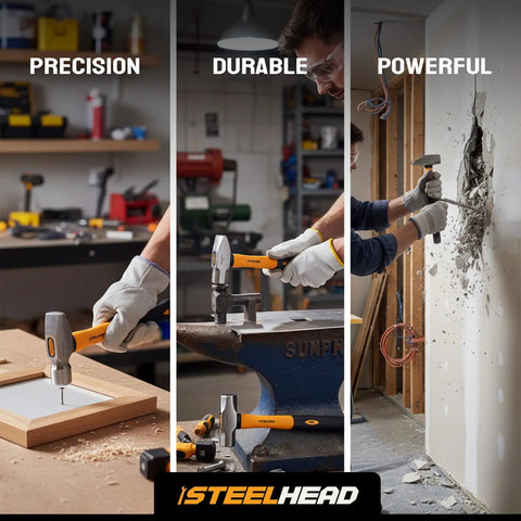 Five Piece Fiberglass Handle Hammer And Mallet Set For Demolition And Metal Working with 16oz Ball Peen in workshop action