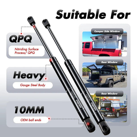 Heavy Duty Gas Lift Struts For Pickup Truck Camper Shell Smooth Rear Window Canopy Support Set That Swaps In No Sweat 18 Inch Extended Length showing suitable parts.