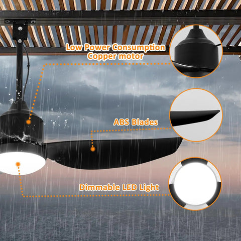 42 Inch Outdoor Ceiling Fan With Light Black Waterproof Gazebo Hangin Fan For Patios And Porches Remote And App Control