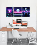 Neon Cyberpunk City Wall Art Set, 3 Panels, 12x16 Inches, Teen Boy Room Decor above desk, cars driving through neon suburbs