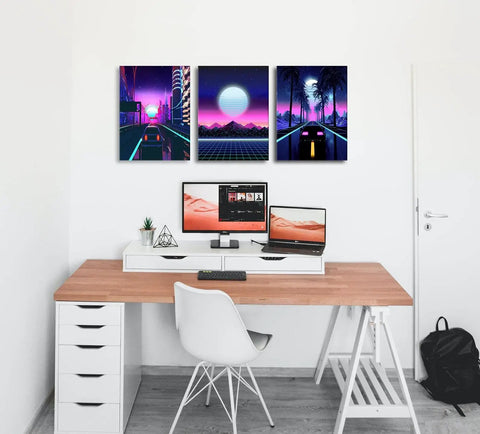Neon Cyberpunk City Wall Art Set, 3 Panels, 12x16 Inches, Teen Boy Room Decor above desk, cars driving through neon suburbs