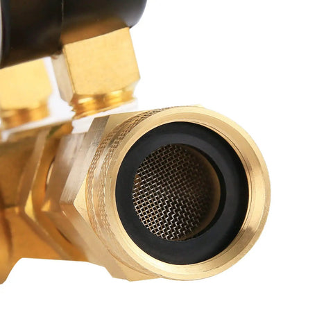 Close-up of the brass gate valve on the Water Pressure And Flow Test Gauge For Sprinkler Systems With Brass Gate Valve And Three Quarters Inch Hose