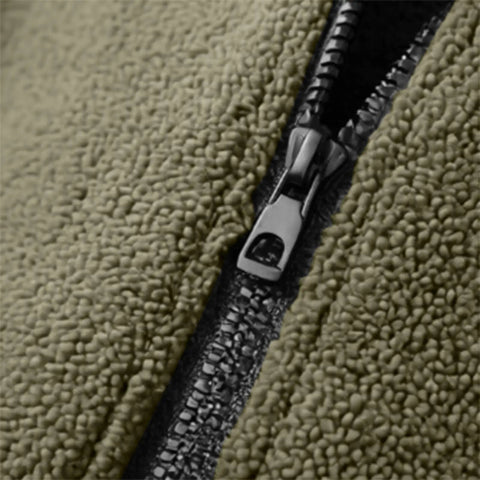 Close-up of Army Green half-zip detail on Cozy Mens Half Zip Fleece Pullover With Stand Collar, Long Sleeve Sweatshirt