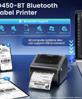 Compact Bluetooth 4x6 Thermal Shipping Label Printer D450BT For Small Business No Fuss Wireless Label Printer That Works With Android iPhone Windows And MacOS For Fast Easy Package Shipping shown with devices