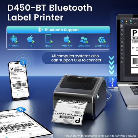 Compact Bluetooth 4x6 Thermal Shipping Label Printer D450BT For Small Business No Fuss Wireless Label Printer That Works With Android iPhone Windows And MacOS For Fast Easy Package Shipping shown with devices