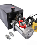 Beefy 12V DC Single Acting Hydraulic Pump Power Unit With 3.75 Gallon Steel Reservoir for dump trailers and trucks, front view
