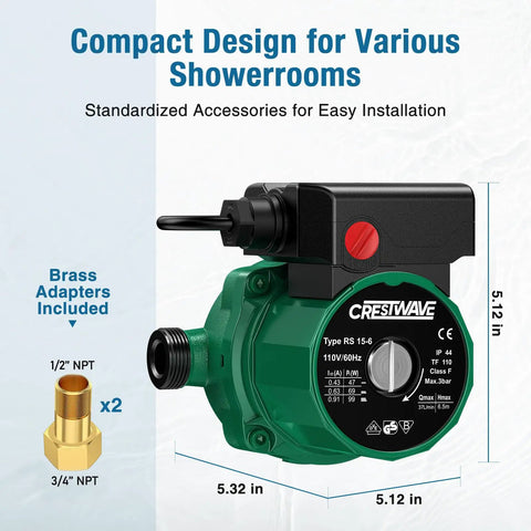 On Demand Hot Water Recirculating Pump 93W 110V Three Speed Control Durable Cast Iron Head Aluminum Housing with brass adapters