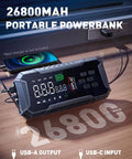 Turbo Boost Eight In One Car Jump Starter With Air Compressor And Power Bank, 26800mAh Battery charging a phone