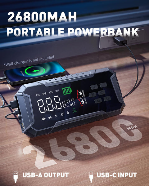 Turbo Boost Eight In One Car Jump Starter With Air Compressor And Power Bank, 26800mAh Battery charging a phone