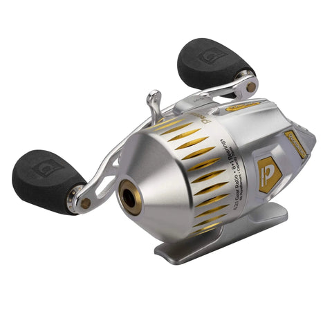 Sniper Spincast Reel With 6.2 To 1 Gear Ratio, 25 IPT Quick Retrieve, all metal gears, heavy duty aluminum cone, silver and gold finish.
