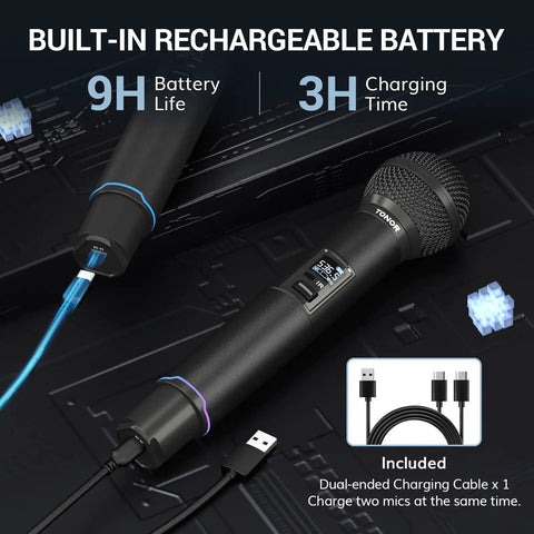 Rechargeable Wireless Microphone System With Dual Metal Handheld Mics And Box Receiver, USB charging cable shown
