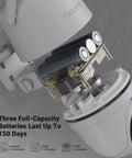 Close-up of disassembled solar powered outdoor security camera kit with 2.4GHz WiFi 360 degree PTZ spotlight, and siren.