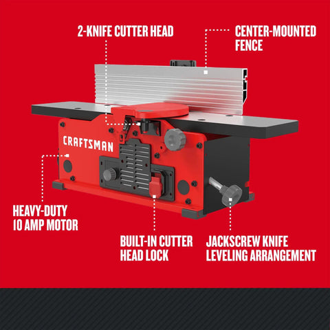 Benchtop Jointer Becomes A Real Workhorse For Woodworking, 22,000 Cuts Per Minute, 10 Amp Corded Power, with 2-knife cutter head and center-mounted fence.