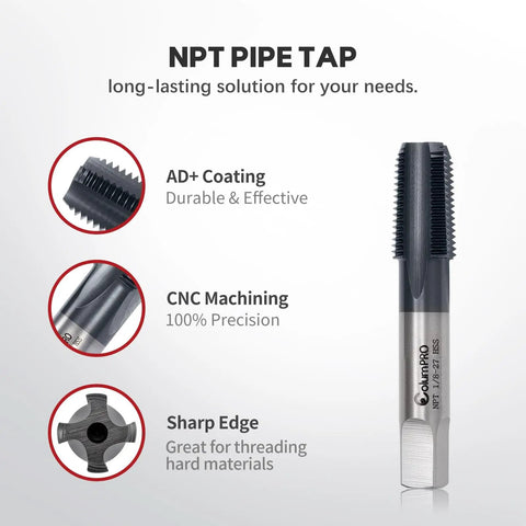 Image of Pro Grade One Eighth Inch Twenty Seven NPT Pipe Tap in high speed steel with AD Plus coating, heavy duty threading tool.