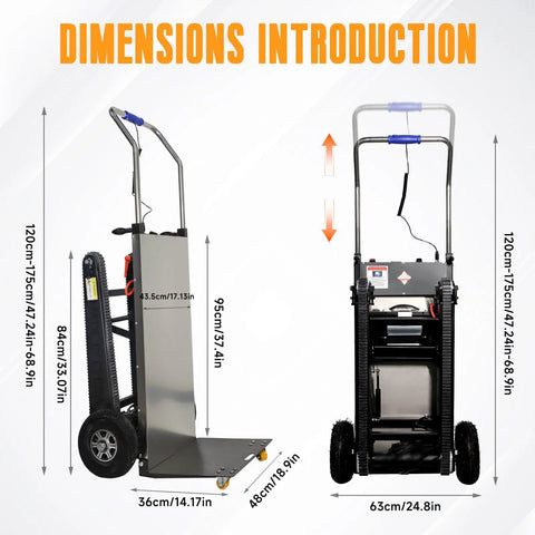 Dimensions introduction of Heavy Duty Electric Stair Climbing Dolly 661Lb Capacity 600W Motor Powered Hand Truck Cart with measurements.