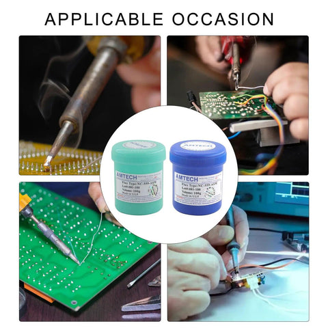 Leadfree Solder Paste And Advanced Oil Grease for chip and PCB repair shown with soldering tools