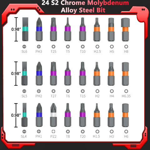 24 In 1 Magnetic Screwdriver Set With Detachable Handle And Ratchet, showing 24 chrome molybdenum alloy steel bits